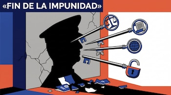 Silueta negra de un militar ante un muro agrietado, cuatro llaves con símbolos, documentos rotos en el suelo y el texto «Fin de la impunidad».
