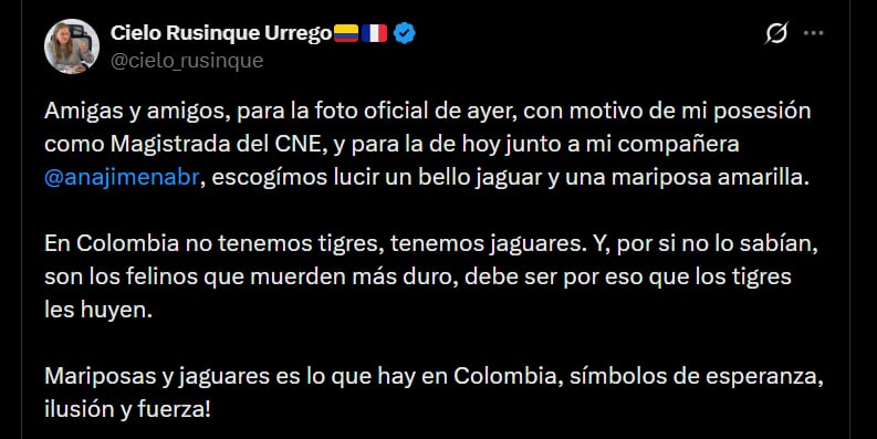 Cielo Rusinque aseguró que las mariposas y los jaguares son “símbolos de esperanza, ilusión y fuerza” - crédito @cielo_rusinque/X