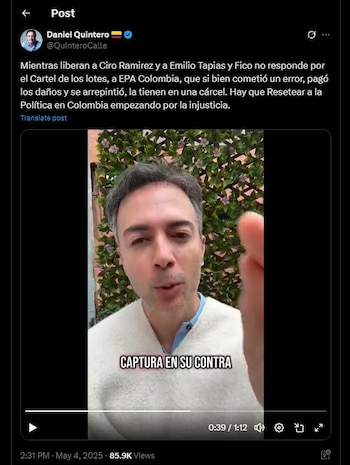 Daniel Quintero cuestionó la libertad para el exsenador Ciro Ramírez - crédito @QuinteroCalle