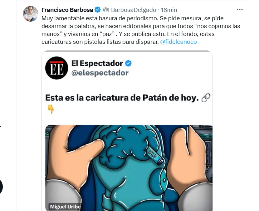 El fiscal criticó la publicación de la caricatura - crédito @FBarbosaDelgado/X