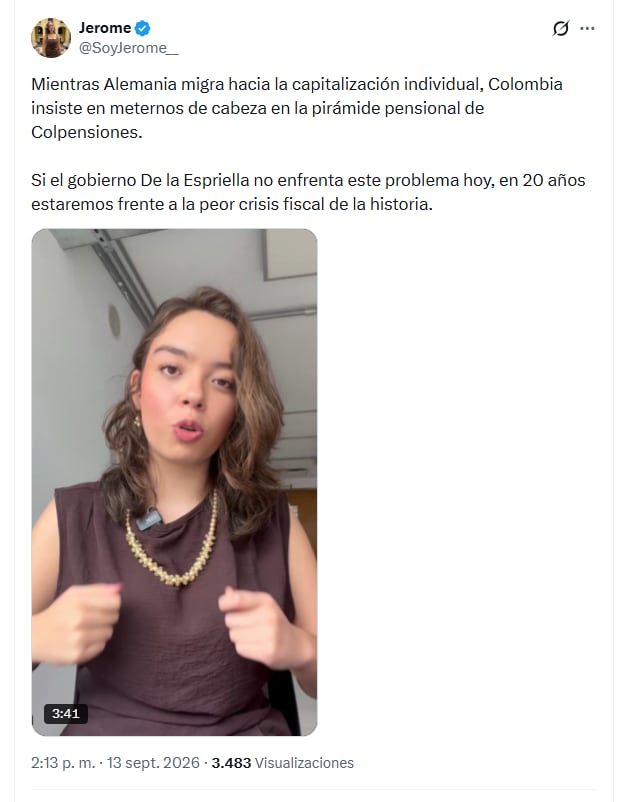 La activista Jerome Sanabría habló de las pensiones en Alemania como espejo para el futuro de Colombia - crédito @SoyJerome__/X