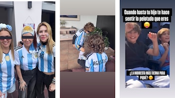 Tres mujeres con camisetas de Argentina. Dos niños con camisetas de Argentina, una de ellas dice 'Agustin'. Dos niños ríen en una pantalla con texto de Piqué