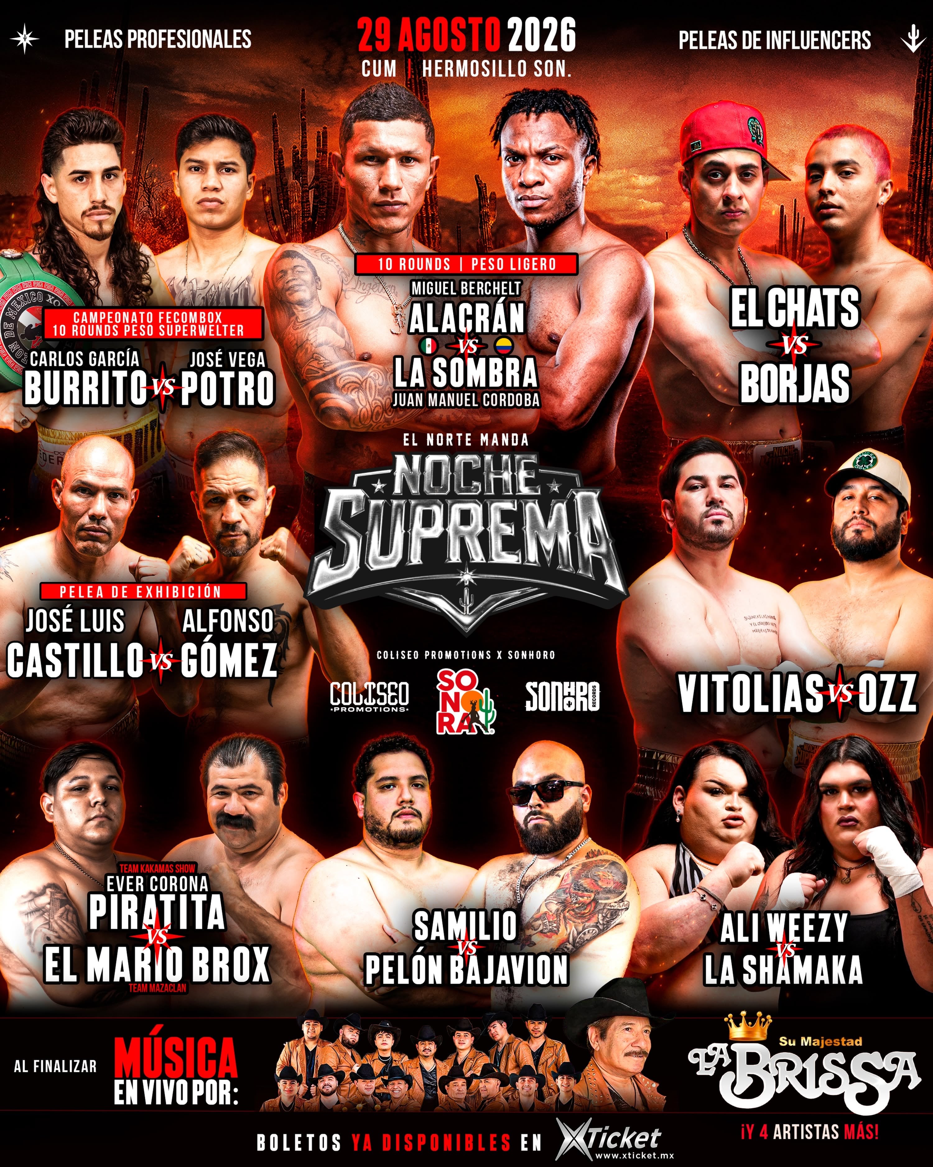 Un cartel promocional anuncia el evento de boxeo Noche Suprema programado para el 29 de agosto de 2026 en el Centro de Usos Múltiples de Hermosillo, Sonora. (Facebook)