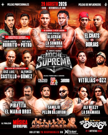 Afiche publicitario con fotografías de boxeadores y creadores de contenido que promociona el evento deportivo Noche Suprema en Hermosillo
