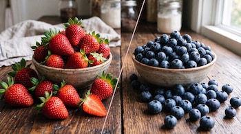 Composición dividida con frutillas en un cuenco de cerámica a la izquierda y arándanos en otro cuenco a la derecha sobre una mesa.