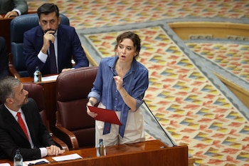 La presidenta de la Comunidad de Madrid, Isabel Díaz Ayuso, durante su intervención en la Asamblea de Madrid. (Europa Press)
