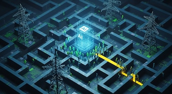 Vista superior de um labirinto escuro com uma área verde, um poste elétrico e uma pequena figura humana em torno de um cubo brilhante com um logotipo de IA no centro.