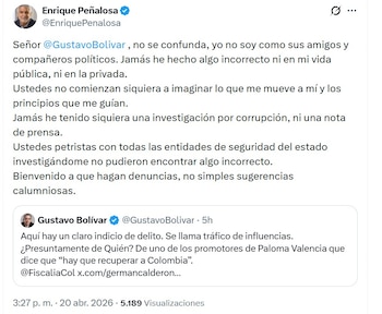 Enrique Peñalosa afirmó que no tiene investigaciones por corrupción y retó a Gustavo Bolívar de demotrar lo contrario - crédito @EnriquePeñalosa/X