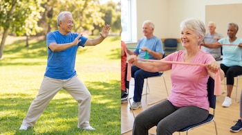 Un hombre mayor sonriente hace ejercicio en un parque, y una mujer mayor sonriente se ejercita con banda de resistencia en una clase grupal.