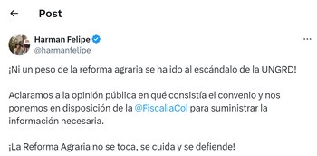 El director de la Agencia Nacional de Tierras se defendió de las acusaciones de la Fiscalía - crédito red social X