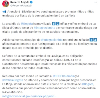 Roberto Angulo pidió apoyo del ICBF y de la Policía de Infancia para proteger a los menores de la comunidad Emberá. - crédito @RobertoAnguloS/X