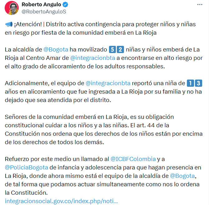 Roberto Angulo pidió apoyo del ICBF y de la Policía de Infancia para proteger a los menores de la comunidad Emberá. - crédito @RobertoAnguloS/X