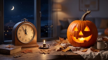 Un reloj analógico de madera junto a una vela, hojas secas y una calabaza tallada e iluminada sobre una mesa frente a una ventana.