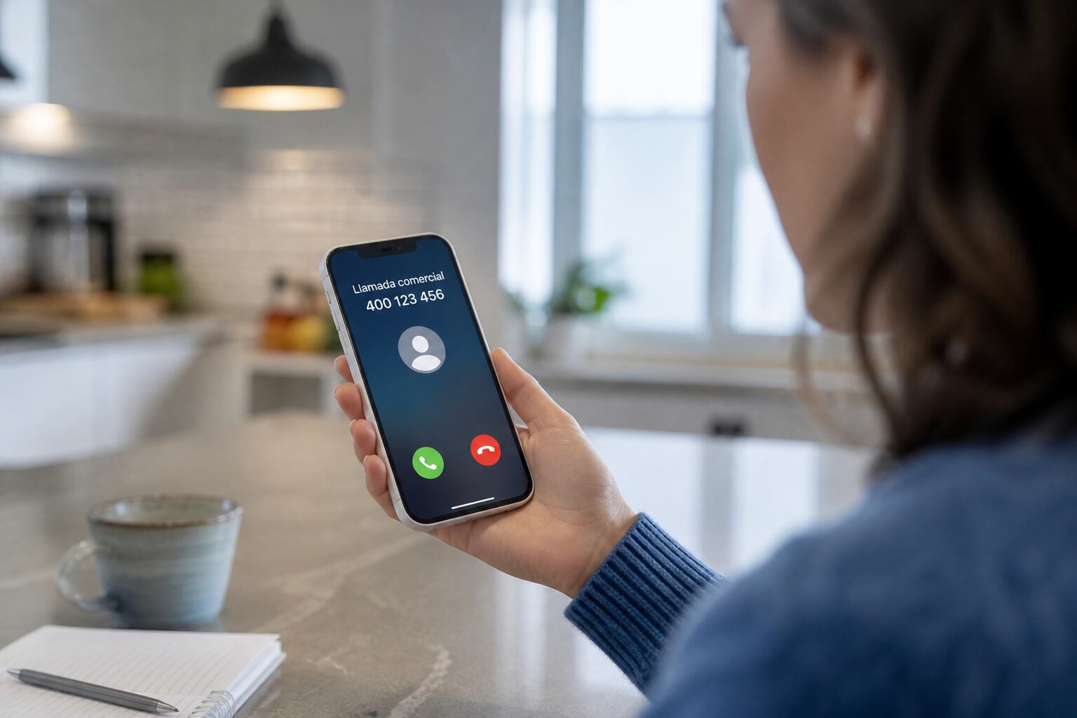 Una mujer observa en la pantalla de su teléfono móvil una llamada entrante identificada como comercial. (Imagen Ilustrativa Infobae)