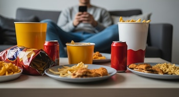 Mesa baja llena de comida rápida: patatas fritas, alitas de pollo, snacks y refrescos. Al fondo, una persona sentada en un sofá usando un smartphone.