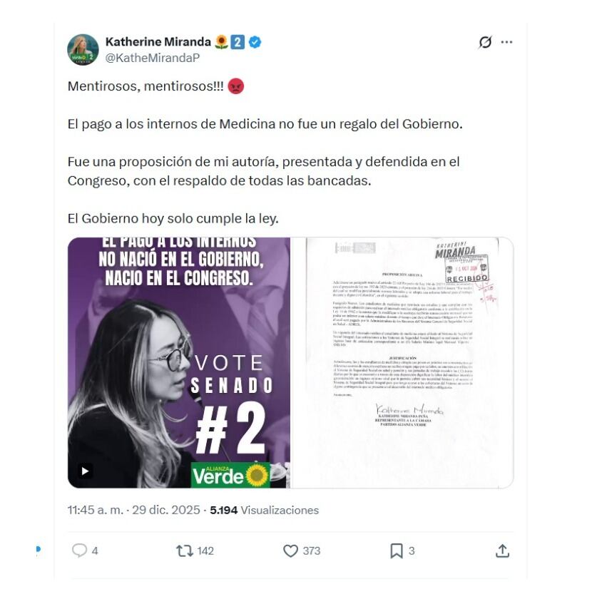 Con este mensaje en las redes sociales, la representantes Katherine Miranda hizo una fuerte defensa por la implementación del sueldo de internistas, que según ella surgió por su iniciativa - crédito @KatheMirandaP/X
