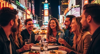 Seis jóvenes adultos cenando en una mesa al aire libre por la noche, con luces de neón brillantes y taxis amarillos visibles en el fondo de la ciudad.