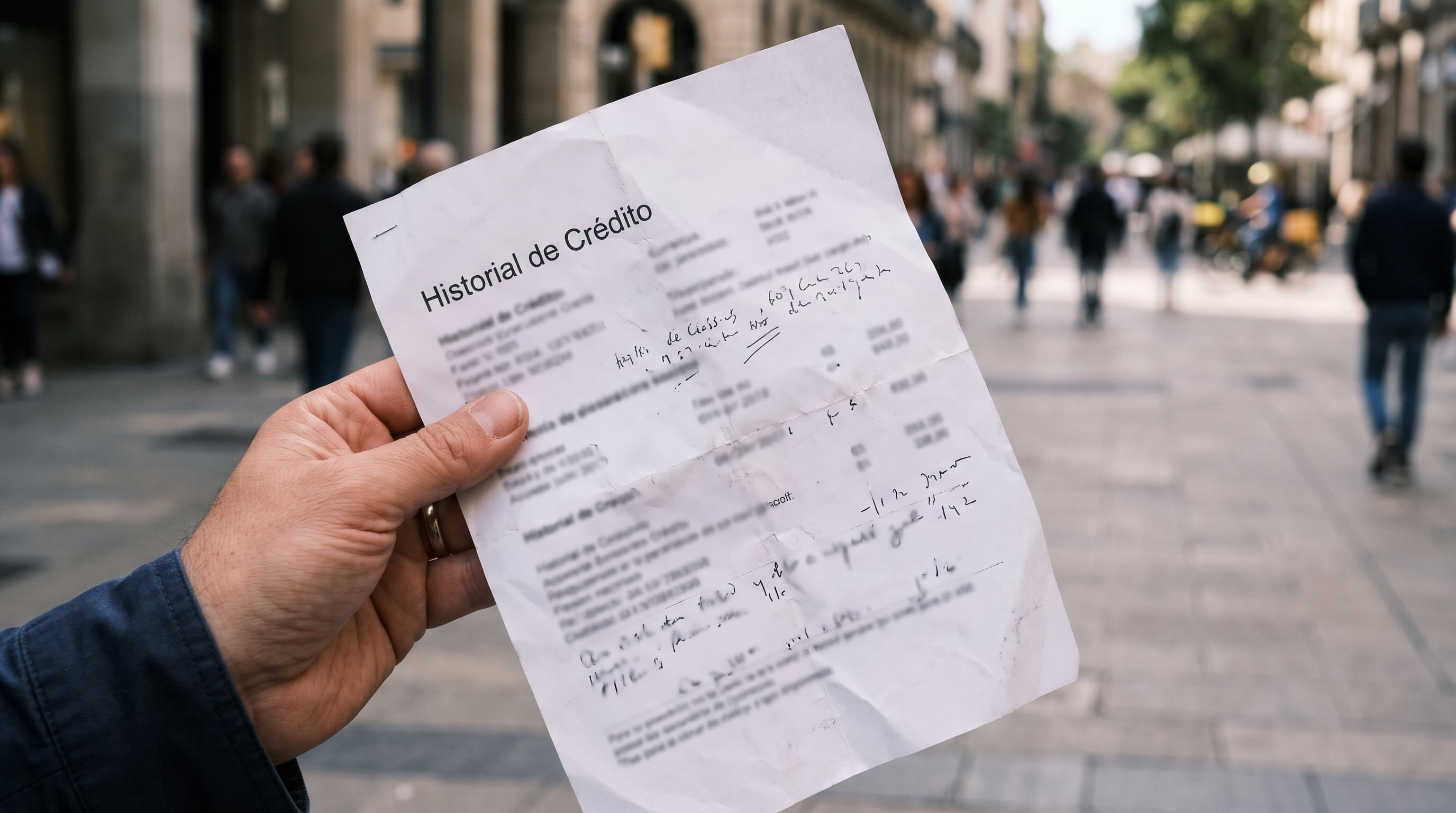 Un transeúnte sostiene un documento con el título de historial de crédito y anotaciones manuscritas en una calle peatonal concurrida. (Imagen Ilustrativa Infobae)