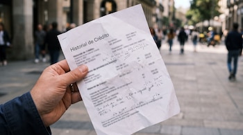 Una mano sostiene un papel con el encabezado Historial de Crédito y anotaciones manuscritas, frente a una calle peatonal con transeúntes.