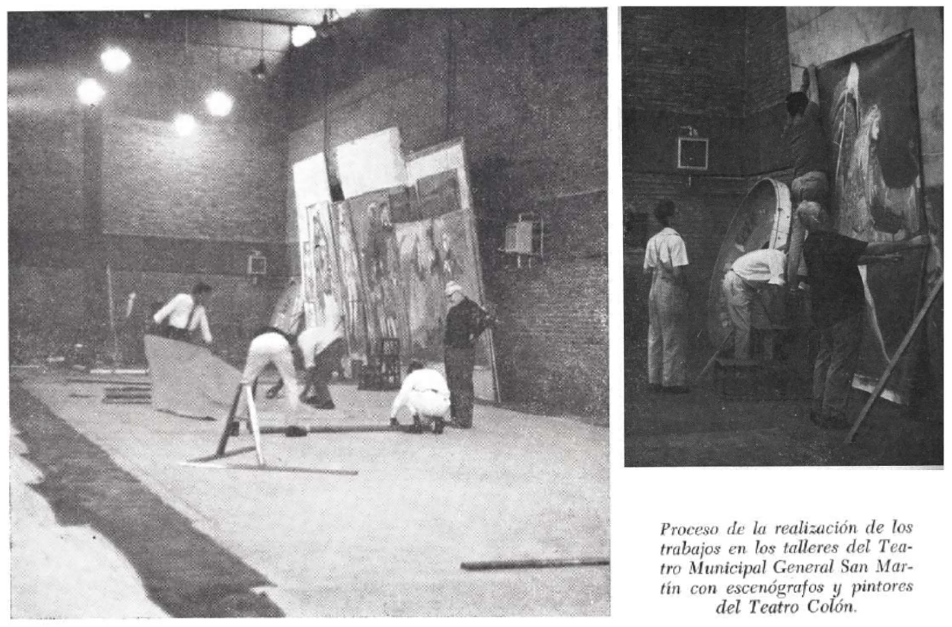 Escenógrafos y pintores del Teatro Colón trabajan diligentemente en los talleres del Teatro Municipal General San Martín, preparando la Cúpula de Raúl Soldi