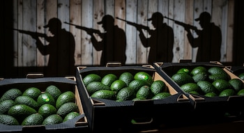 Cajas de aguacates frescos apiladas sobre una superficie oscura, con sombras de varias figuras masculinas que portan rifles proyectadas en una pared de madera.