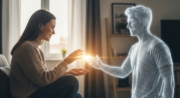 Una mujer sonriente interactúa en