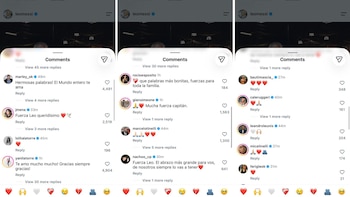 Tres capturas de pantalla muestran la sección de comentarios de una publicación de Instagram con mensajes de apoyo a Lionel Messi