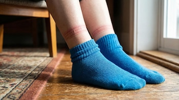 Primer plano de dos pies con calcetines azules en un suelo de madera y alfombra. La piel por encima de los calcetines presenta marcas rojas debido a la presión.