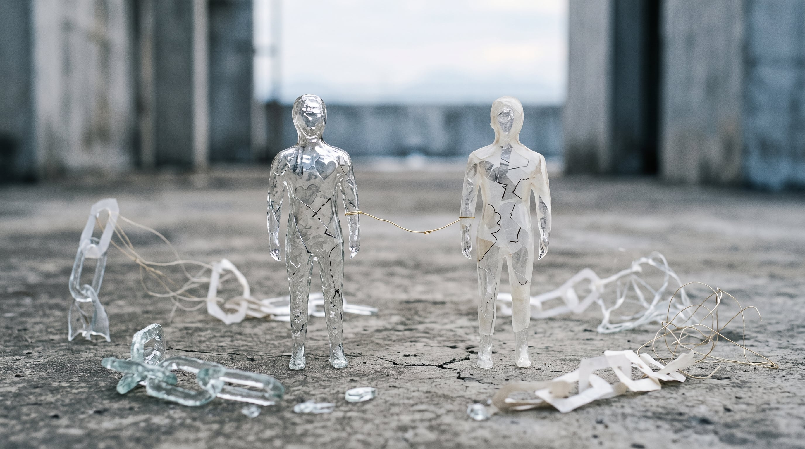 Dos figuras humanas transparentes unidas por un fino hilo simbolizan la fragilidad y la falta de profundidad en los vínculos personales. (Imagen Ilustrativa Infobae)