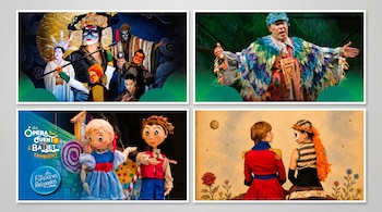 Collage de cuatro escenas teatrales: figuras con maquillaje de ópera, actor con traje de plumas, dos marionetas, dos personas con disfraces y fondo pintado.