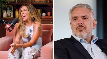 Pantalla dividida con Karol G en el panel izquierdo y un hombre, Iván Duque, en el derecho. Karol G ríe frente a un micrófono. Iván Duque mira al frente con seriedad.