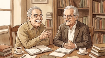 Dos hombres mayores con canas y bigote sentados a una mesa con libros abiertos, cuadernos, bolígrafos y tazas de café, con una estantería detrás.