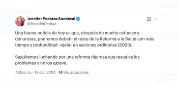 Jennifer Pedraza calificó como positivo el aplazamiento del debate de la reforma a la salud, destacando que ahora se podrá analizar con mayor profundidad en 2025 - crédito @JenniferPedraz/X