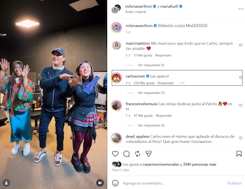 Captura de pantalla de una publicación de Instagram donde tres personas bailan en un estudio de ensayo junto a comentarios