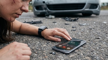 Primer plano de mujer herida en el asfalto. Sangre en cara y manos. Sostiene un iPhone en llamada al 911. Coche dañado y escombros en el fondo.