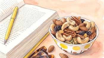 Un libro abierto con un bolígrafo amarillo, un cuenco repleto de frutos secos y pasas, y unas gafas sobre una superficie clara.