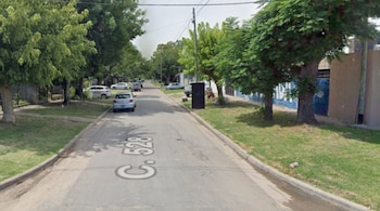 Vista de una calle residencial con árboles frondosos, aceras de césped y varios automóviles estacionados. En el asfalto se observa la inscripción "C. 528"