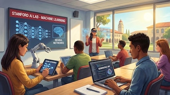 Ilustración de estudiantes de Stanford en un aula de IA con laptops, tabletas, gafas de realidad virtual, un brazo robótico y pantallas mostrando redes neuronales. Al fondo, el campus.