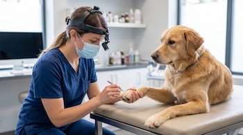 Una mujer con uniforme azul, mascarilla y frontal luminoso examina la pata de un perro dorado sobre una camilla.