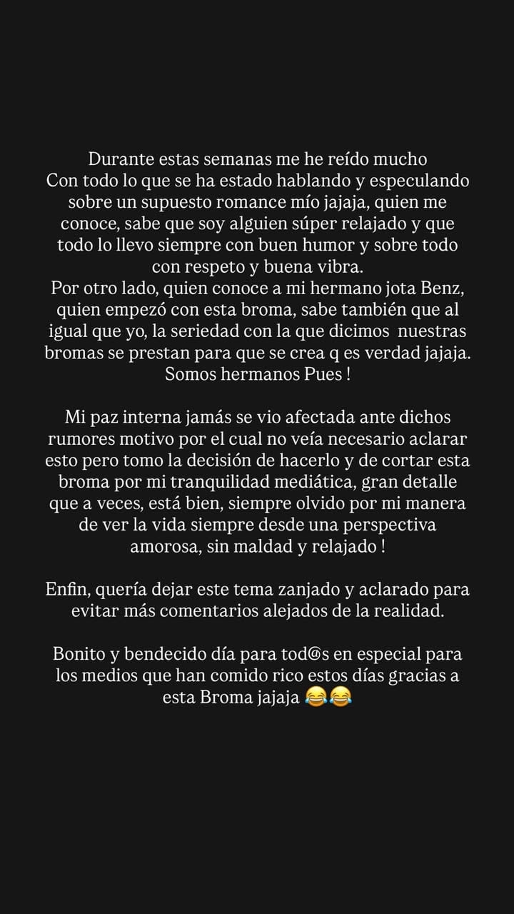 Assereto cerró el tema pidiendo respeto y agradeciendo el interés, pero dejando claro que no existe relación sentimental con Valentino. IG
