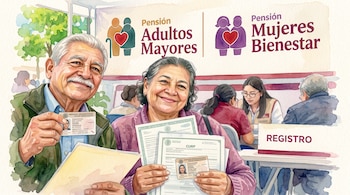 Ilustración de un hombre y una mujer que sostienen credenciales y documentos frente a un módulo con la palabra registro.