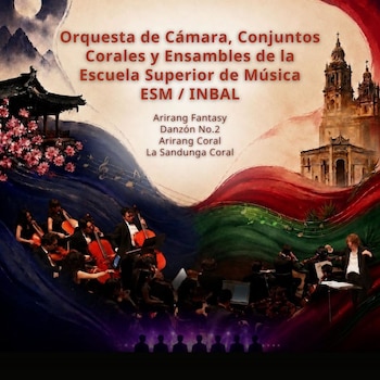 Póster de concierto con ilustraciones de edificios, montañas, luna llena, flores, notas musicales y fotos de dos orquestas, un director y público