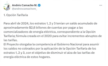 Andrés Camacho, ministro de Minas y Energía, apuntó que la reforma tributaria podría darles beneficios a los estratos bajos - crédito @AndresCamachoM_/X