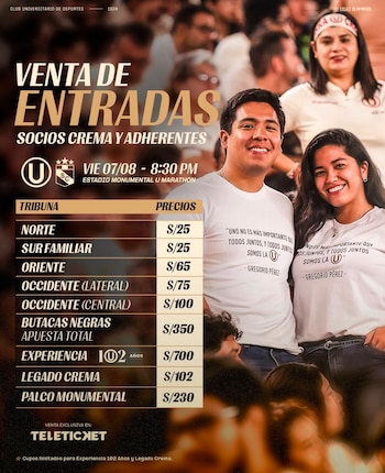 Los precios de las entradas para el Universitario vs Sporting Cristal.