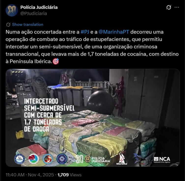 A inicios de noviembre de 2025 otro narcosubmarino con 1.7 toneladas de cocaína fue interceptado en Portugal, y un colombiano fue detenido - crédito captura de pantalla