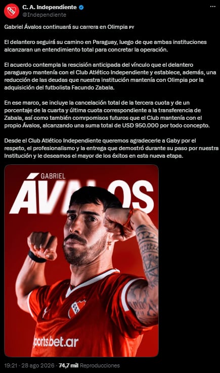 Independiente despidió al goleador paraguayo y explicó detalles de la negociación (@Independiente)