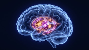 Un cerebro humano translúcido de color azul sobre fondo oscuro posee una zona central brillante en tonos naranja y violeta con puntos marcados