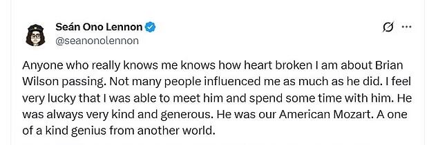 Sean Ono Lennon declaró estar destrozado por la muerte de Brian Wilson. (Instagram/Sean Ono Lennon)