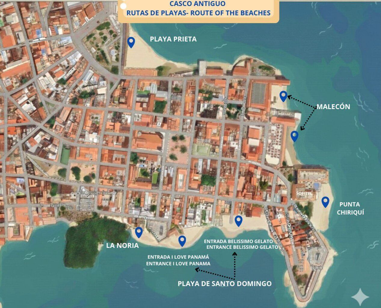 El plan contempla la limpieza y el acondicionamiento progresivo de siete playas del Casco Antiguo, entre ellas Santo Domingo, El Malecón, Punta Chiriquí, Playa Prieta y Playa Noria, como parte de un proyecto para recuperar el frente costero del Centro Histórico. Cortesía