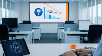 Oficina moderna en Miami. Gran pantalla con logo Florida Commerce y gráfico descendente. Manos teclean, tableta con icono AI. Escritorios vacíos. Tono azul acero.